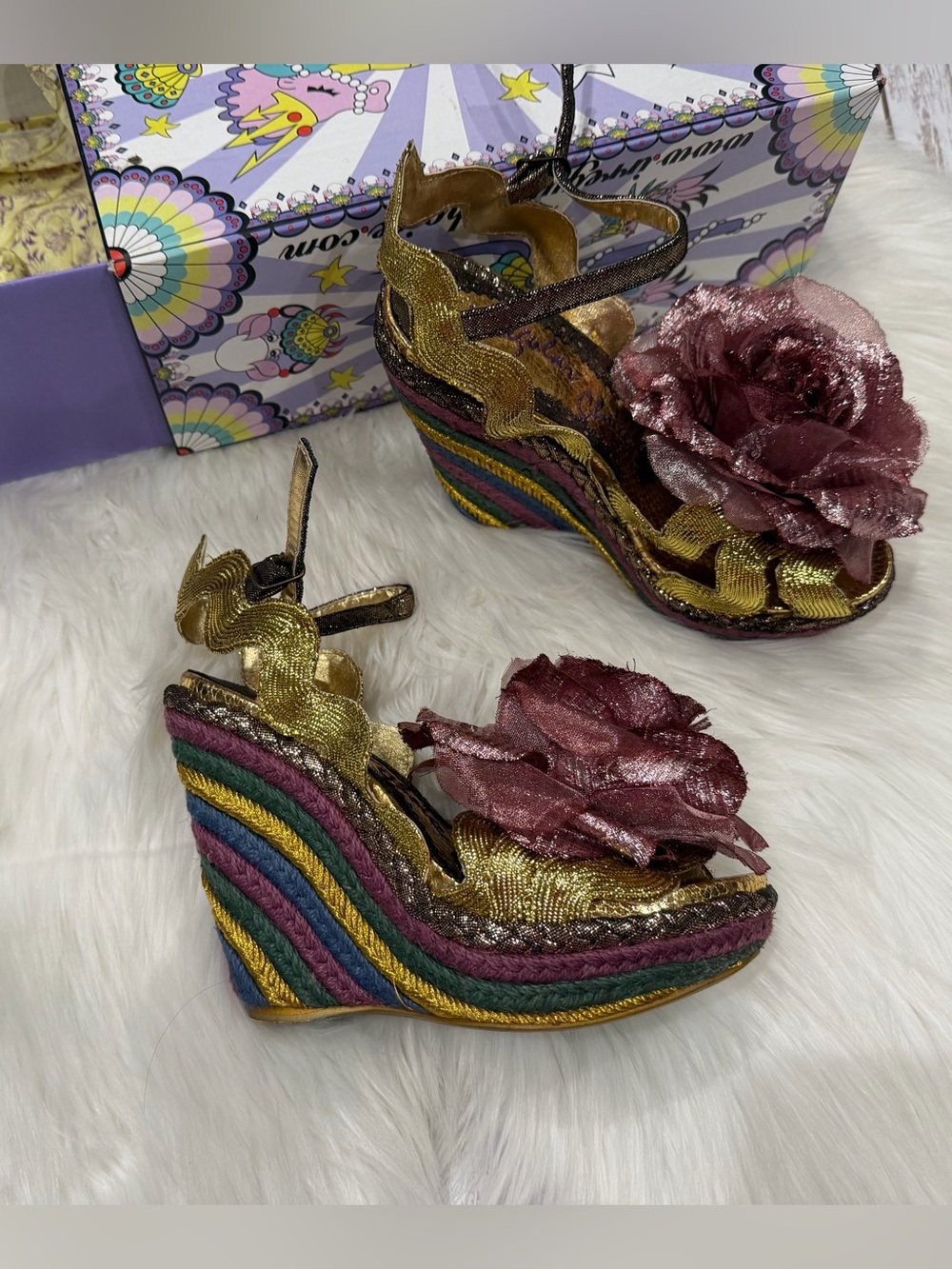 Irregular Choice Size 7 Weaver” Gold Fabric Wedges w/Original Box